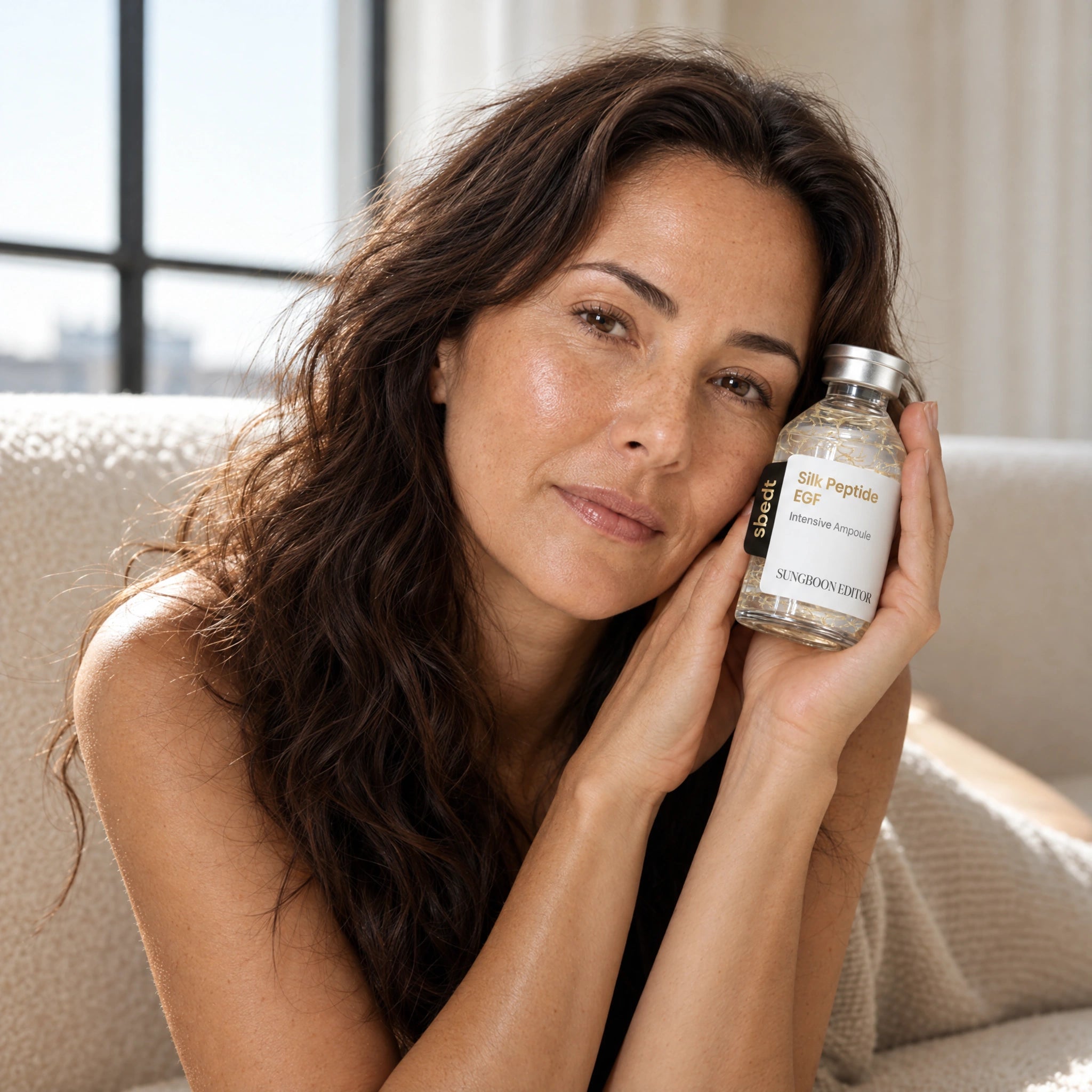 Woman holding Moshi Silk Peptide EGF serum